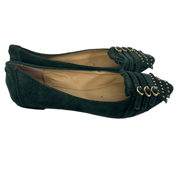 Shoemint Green Suede Gold Buckle Tassel Preppy Flats Size 6 - Picture 3 of 5